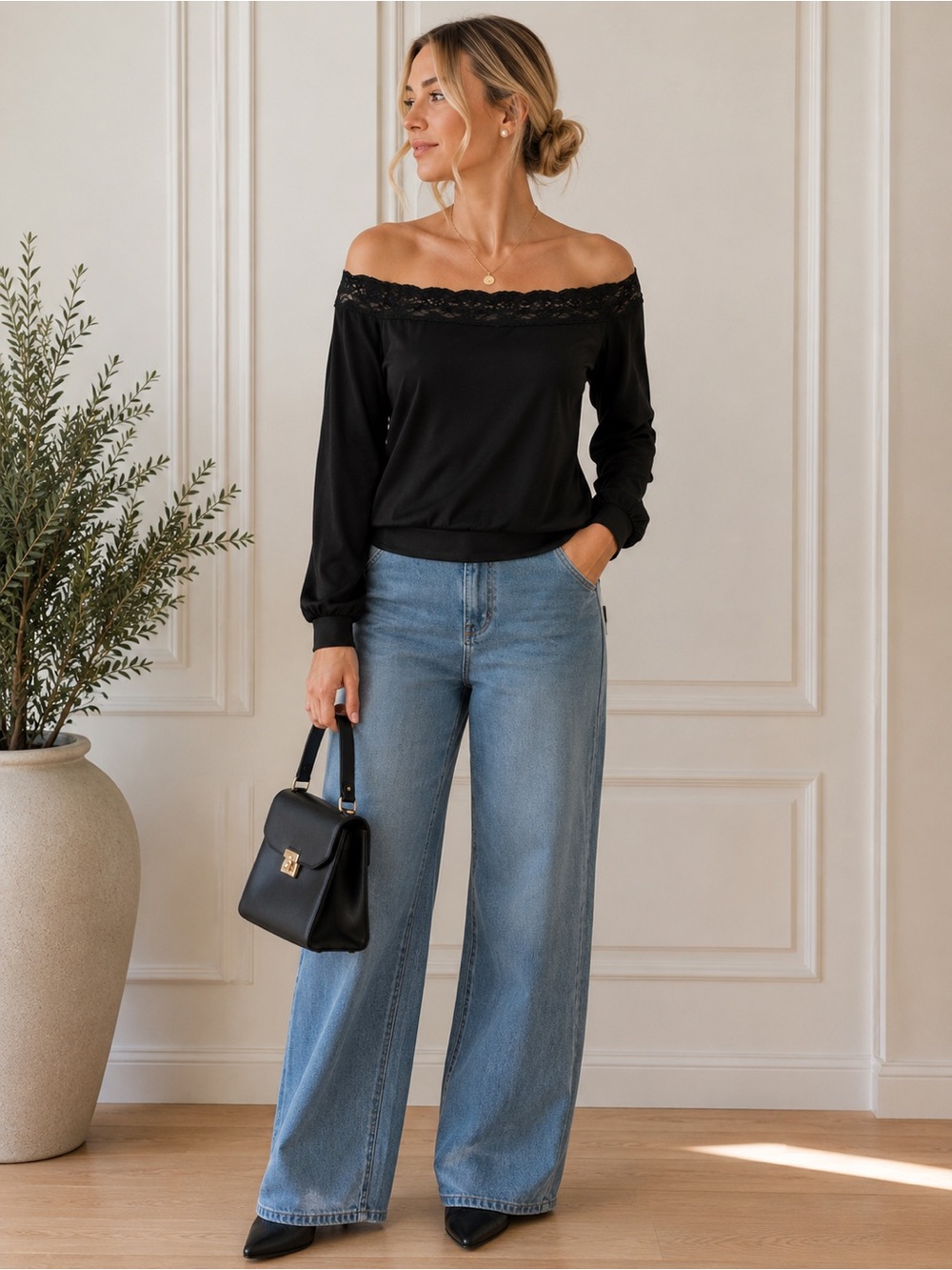 Off-Shoulder Lace Trim Black Top